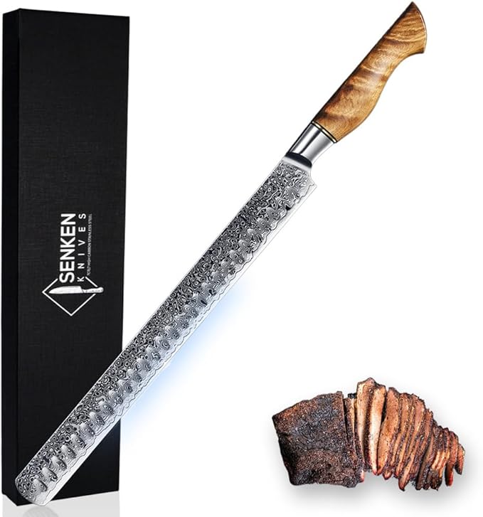 SENKEN 12" Damascus Steel Brisket Knife - Dynasty Collection - 67-Layer Japanese VG10 Steel with Natural Sycamore Wood Handle - Ultra Sharp Carving Knife for Brisket, Roasts
