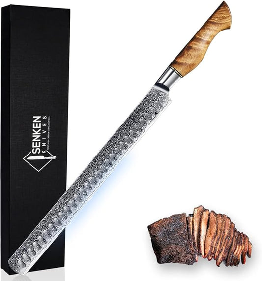 SENKEN 12" Damascus Steel Brisket Knife - Dynasty Collection - 67-Layer Japanese VG10 Steel with Natural Sycamore Wood Handle - Ultra Sharp Carving Knife for Brisket, Roasts