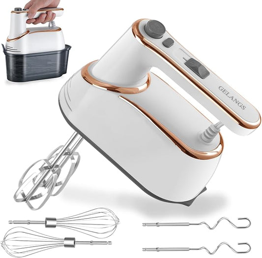 GELANGS Hand Mixer, 5-Speed Electric with Turbo Boost, White, Copper Motor, 400W, Dishwasher-Safe Attachments for Baking, Whipping, Dough