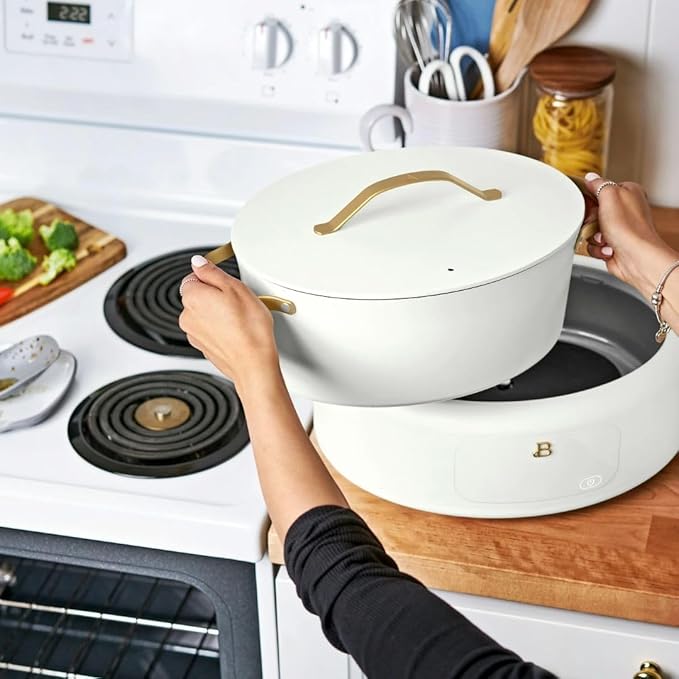Beautiful 10-in-1 6-Qt Programmable Multi-Cooker with Oven-Safe Pot & 7 Presets – Slow Cook, Rice, Steam, Sauté (WHITE ICING)
