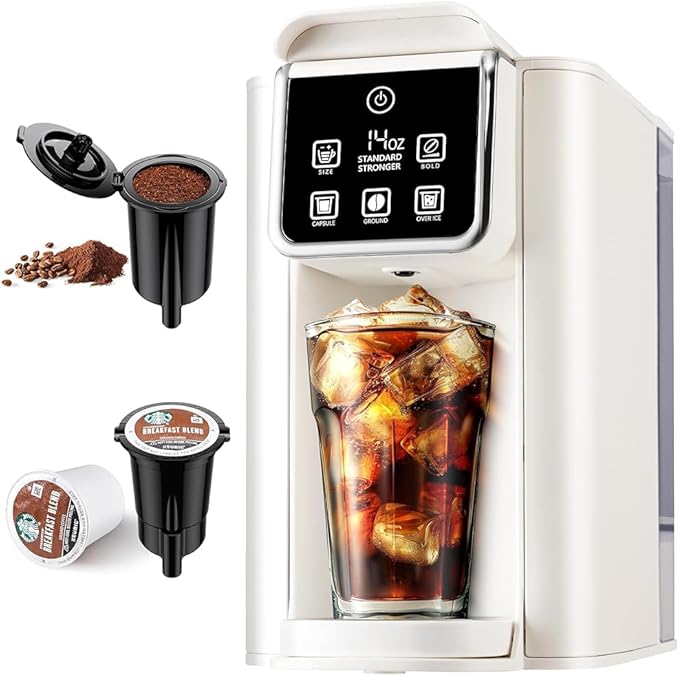KIDISLE Hot & Iced Coffee Maker with Bold Setting, Single Serve Coffee Maker for K Cup and Grounds, 6-14 Oz Brew Sizes, 50 Oz Removable Water Tank, One Cup Coffee Machine with Reusable Filter, White