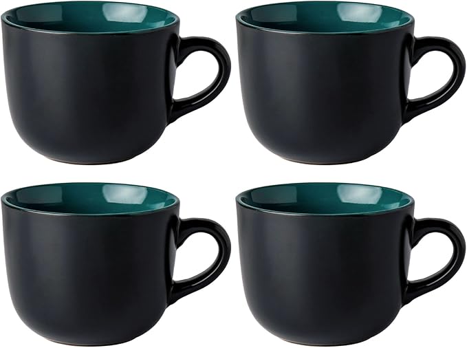 GBHOME Jumbo Soup Mugs with Handles, 24 Oz Large Coffee Mugs Set of 4, Ceramic Soup bowls for Coffee,Cereal,Snacks,Salad,Noodles etc Soup Cups,Microwave&Dishwasher safe-Green Inside