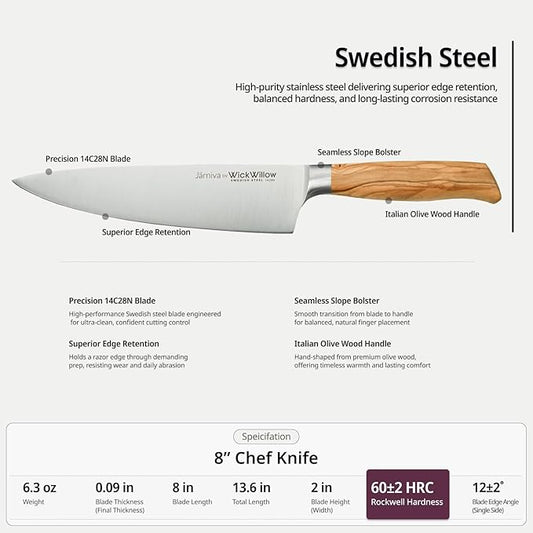 8 Inch Chef Knife – Razor Sharp Swedish Steel Kitchen Knife with Italian Olive Wood Handle – Premium Cutting Knife for Meat, Vegetables & Prep – Gift for Home Cooks & Chefs