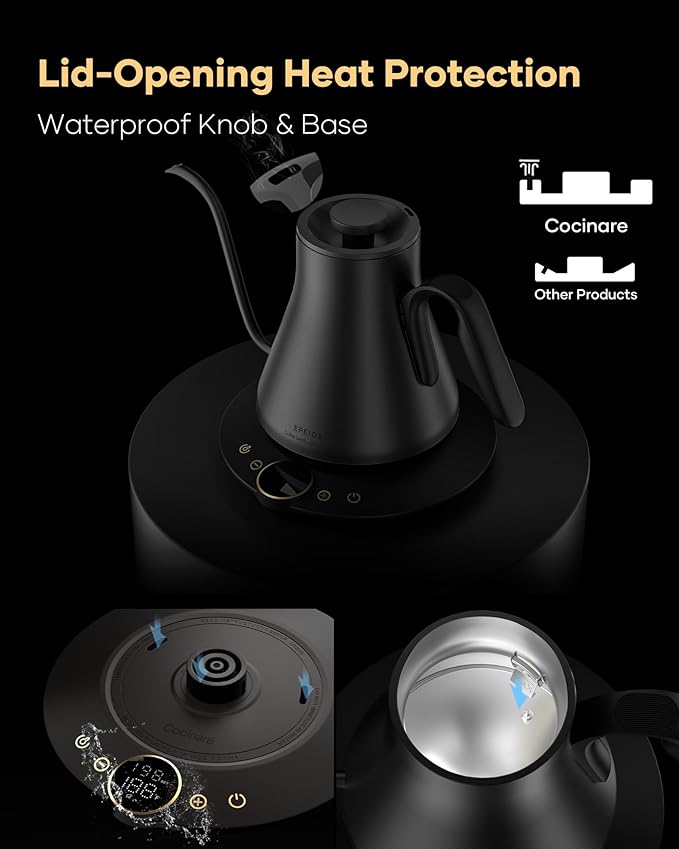 Cocinare FLOW B9 Gooseneck Electric Kettle, Precise Temperature Control for Pour-Over Coffee & Tea Brewing, Stainless Steel Interior, Rapid Heating for Boiling Water 0.9L (Matte Black)