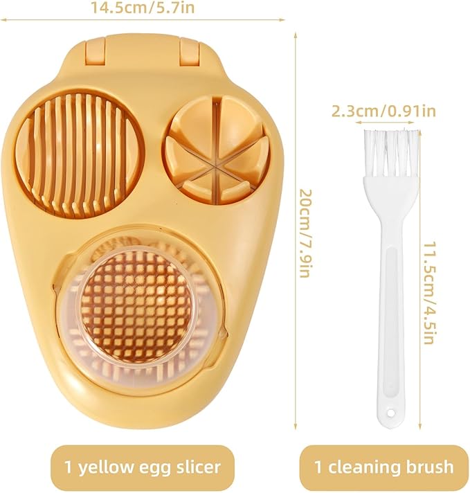 3 in 1 Way Hard Boiled Egg Slicer, Plastic Egg Cutter & Dicer Chopper with 3 Slice Modes and Cleaning Brush for Strawberries Apples Tomatoes Mushrooms & Soft Fruits Food Kitchen Tool Gadgets (Yellow)