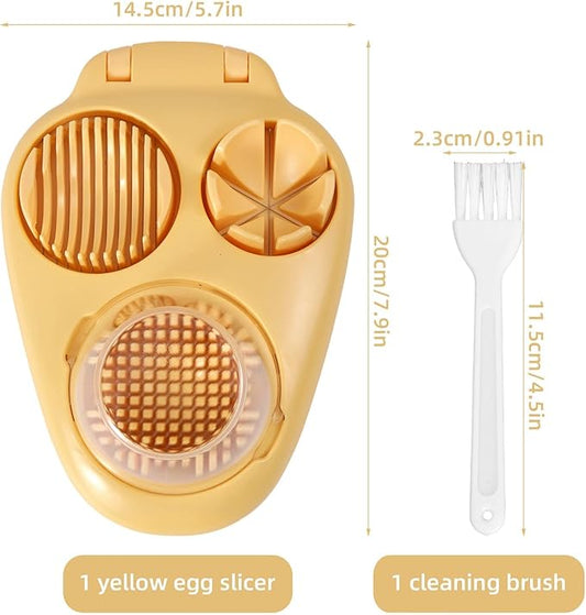 3 in 1 Way Hard Boiled Egg Slicer, Plastic Egg Cutter & Dicer Chopper with 3 Slice Modes and Cleaning Brush for Strawberries Apples Tomatoes Mushrooms & Soft Fruits Food Kitchen Tool Gadgets (Yellow)