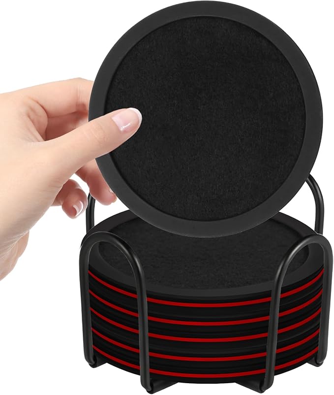 Sleek Absorbent Coasters with Holder – Silicone Cup Mat with Removable Felt Insert Non-Slip, Non-Stick, for Coffee Tables, Kitchen Décor – Set of 6 Coasters (Red)