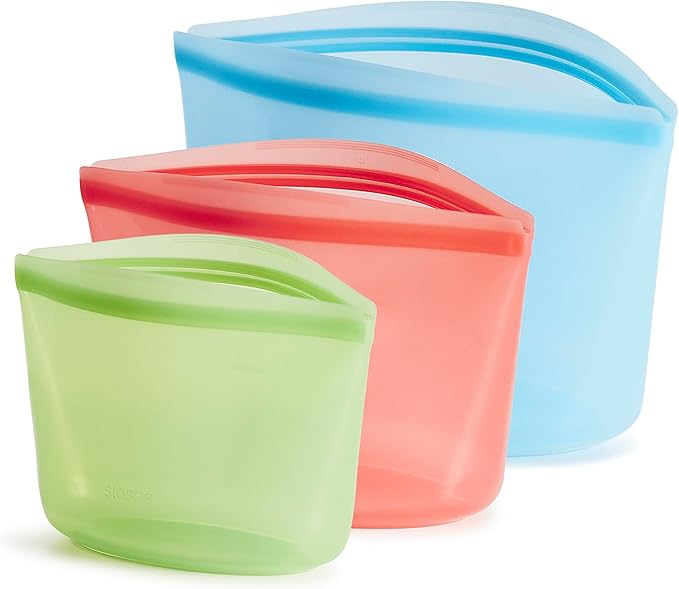 Stasher Silicone Reusable Storage Bags, 3-Pack, Reusable Freezer Bags, Microwave, Dishwasher, Oven Safe, Sous Vide, Premium Lunch Containers, Eco Friendly, Food Storage Bags, Snack Bags, Multicolor