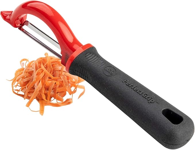 TableCraft 10997 Vegetable Peeler, Stainless Steel, Straight Edge, Ergonomic Non-Slip Handle with Eye Remover, 1.125"x1.375"x7.25", Red/Black – Commercial Kitchen Use