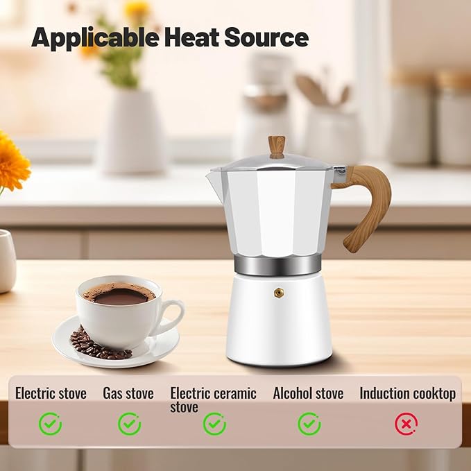 6 Cup Aluminum Moka Pot Classic Stovetop Espresso Coffee Maker 300ml 10oz Coffeemaker Percolator Mocha Express Preferred Cafe Makers for Italian and Cuban Café Brewing White