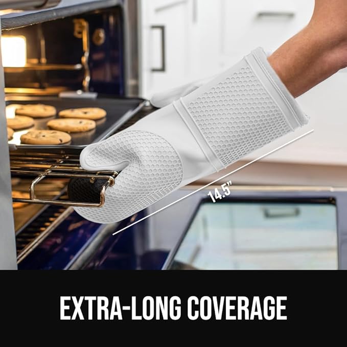 GORILLA GRIP BPA-Free Soft Silicone Oven Mitts, 14.5x8.3, Heat Resistant and Waterproof Cooking Gloves, Thick Cotton Lining, Flexible Gripping for Baking Grilling, Kitchen Potholders Set of 2, White