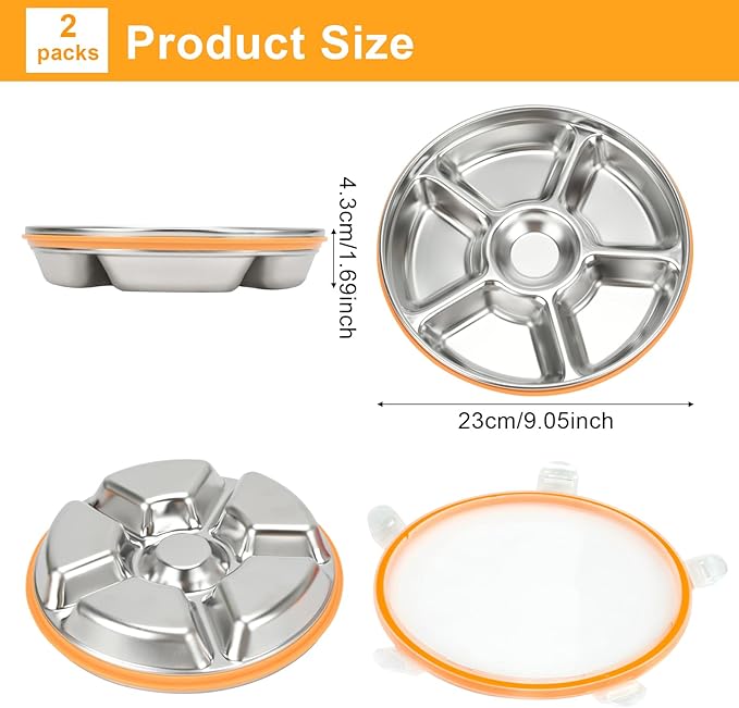 2 pcs Veggie Tray with Lid, Divided Serving Tray with Lid, Round Stainless Steel Serving Platter, Snackle Box Container with 7 Compartments