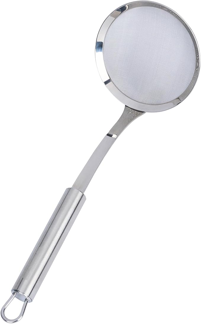 Restaurantware 11.5 in Stainless Steel Fine Mesh Strainer - German Standard Sieve Sifter with Ergonomic Handle, Dishwasher Safe - Reinforced Metal Food Strainer for Quinoa, Soup, Sauce, Baking