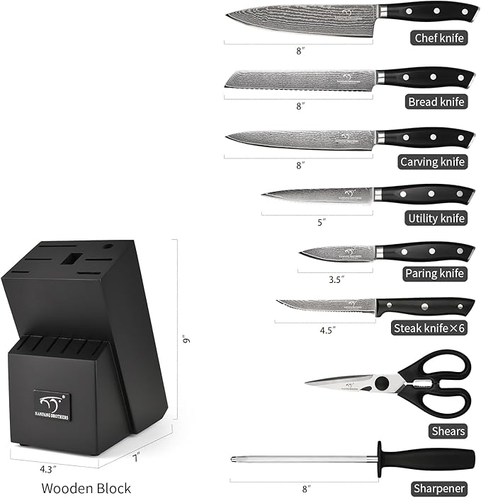 NANFANG BROTHERS Damascus Kitchen Knife Set 14 Pieces with Shears & Sharpener - VG10 High Carbon Steel, ABS Ergonomic Handle, Wooden Block Storage Black