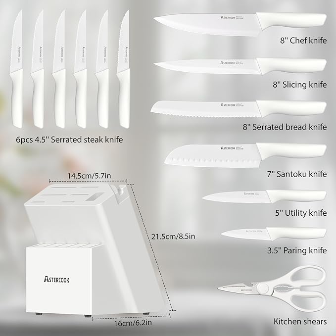 Astercook Knife Set for Kitchen 15 Piece with Block and Sharpener Kitchen Knives with Ceramic Coating Sharp Blade Dishwasher Safe Deba Knives with Anti-slip Ergonomic Handle, Elegant White
