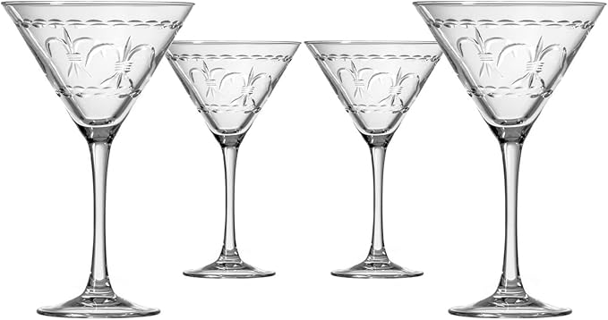 Rolf Glass Fleur De Lis Martini Glass 10 Ounce - Set of 4 Stemmed Martini Glasses - Lead-Free Glass - Diamond Wheel Engraved Cocktail Glasses - Made in the USA