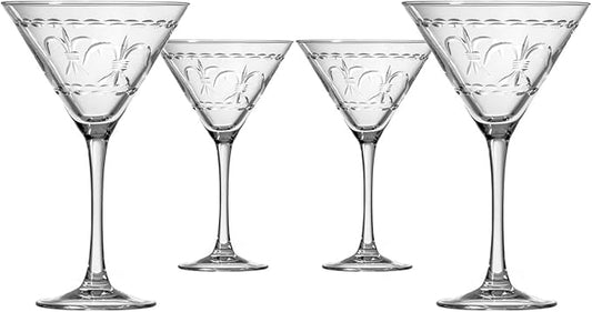 Rolf Glass Fleur De Lis Martini Glass 10 Ounce - Set of 4 Stemmed Martini Glasses - Lead-Free Glass - Diamond Wheel Engraved Cocktail Glasses - Made in the USA