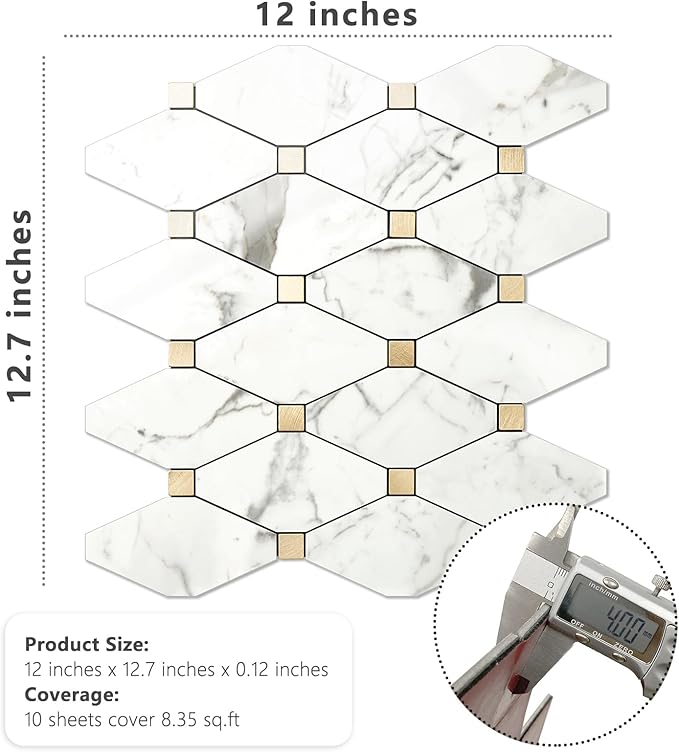 STICKGOO 10 Sheets Peel and Stick Backsplash Tile, Polished Carrara White Marble Look Stick on Backsplash for Kitchen Wall and Bathroom, Glossy Waterproof Self Adhesive Wall Tiles