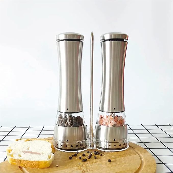 Electric Salt and Pepper Shakers – Adjustable Coarseness Electric Rechargeable Salt and Pepper Grinder Set – Battery Operated Pepper Mill and Salt Mill – Stainless Steel Electric Spice Grinder Set