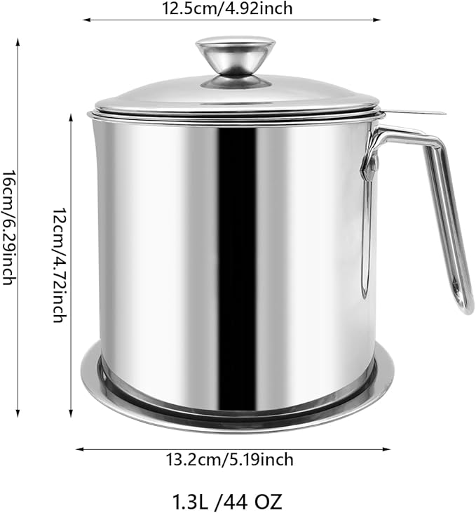 Bacon Grease Container With Strainer, 1.3L Grease Strainer and Container with Dust-Proof Lid, 304 Stainless Steel Oil Filter Storage with Fine Mesh 1.3L
