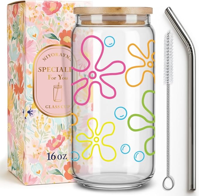 Yellow Cartoon Bubbles Glass Cups Gifts foe Women,Daughter,Friend,Ocean Bubbles and Flowers Glass Tumbler with Bamboo Lid and Straw,Birthday Thanksgiving,Christmas Gifts