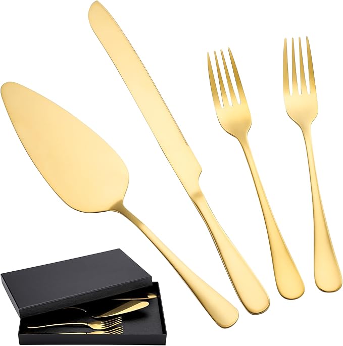 SUREAM Gold Cake Cutter 11 Inch, 4 Pieces Wedding Cake Cutting Set, Pie Server Utensil for Wedding, Birthday, Parties, Anniversary, Engagements