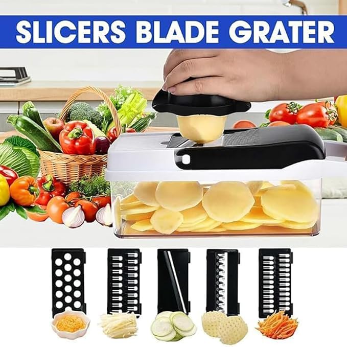 16-in-1 Vegetable Chopper Slicer & Dicer - Manual Food Chopper with 8 Stainless Steel Blades, 1.2L Container for Kitchen, Onion Cutter, Veggie Slicer, Hand Operated, White