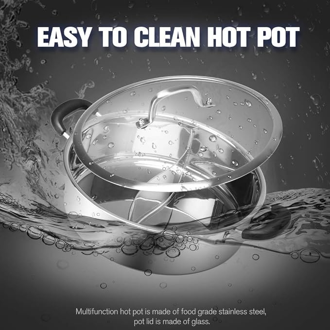 Hot Pot with Divider, Shabu Shabu Hot Pots Food Grade Stainless Steel Chinese Dual Sided Pot Set for Induction Cooktop Gas Stove