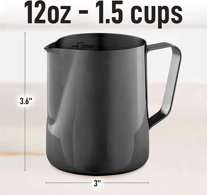 Zulay Milk Frother Cup 350ml/600ml/950ml (12oz/20oz/32oz) - Stainless Steel Frothing Pitcher With Laser-Welded Handle & Precise Measurement Markings - Black - 12oz (Pack of 2)