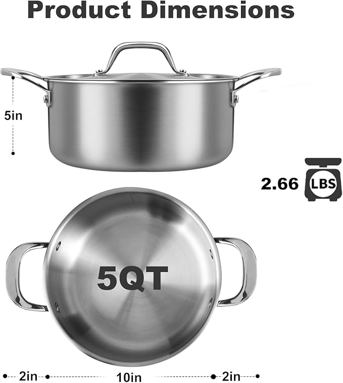 Rokasala 5 QT Saucepan with Lid,3-Ply Stainless Steel Stockpot,Professional Grade Cookware,Induction Compatible