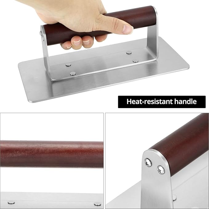 QWORK Stainless Steel Bacon Press with Heat-Resistant Wooden Handle, 9 Inch - Non-Stick, Griddle Bacon, Ham, Steak, Sandwich Press