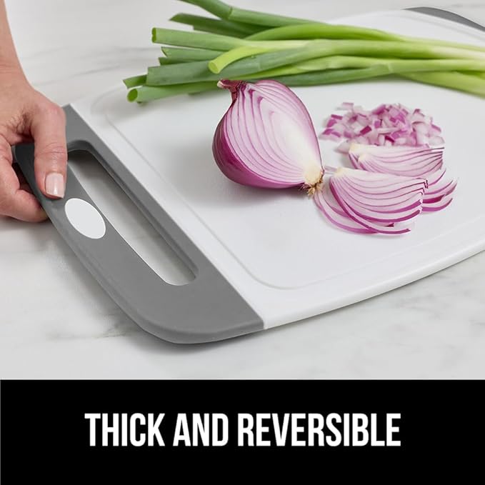 GORILLA GRIP BPA-Free Reversible Kitchen Cutting Board Set of 3, US Designed, Nonporous, Juice Grooves Catch Liquid, Slip Resistant Border, Dishwasher Safe, Durable Large Food Chopping Boards, Gray