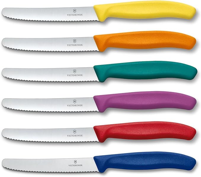 Victorinox Swiss Stainless Steel 6‑Piece Round 4.5 Inch Serrated Steak Knife Set with Purple, Kale Green, Orange, Yellow, Red, and Blue Fibrox Handles