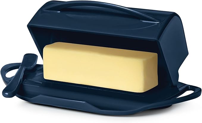 Butterie Flip-Top Butter Dish with Lid & Matching Knife, Holds 2 Sticks/European Butter, No-Mess Butter Holder, Shatterproof, Dishwasher Safe, Navy