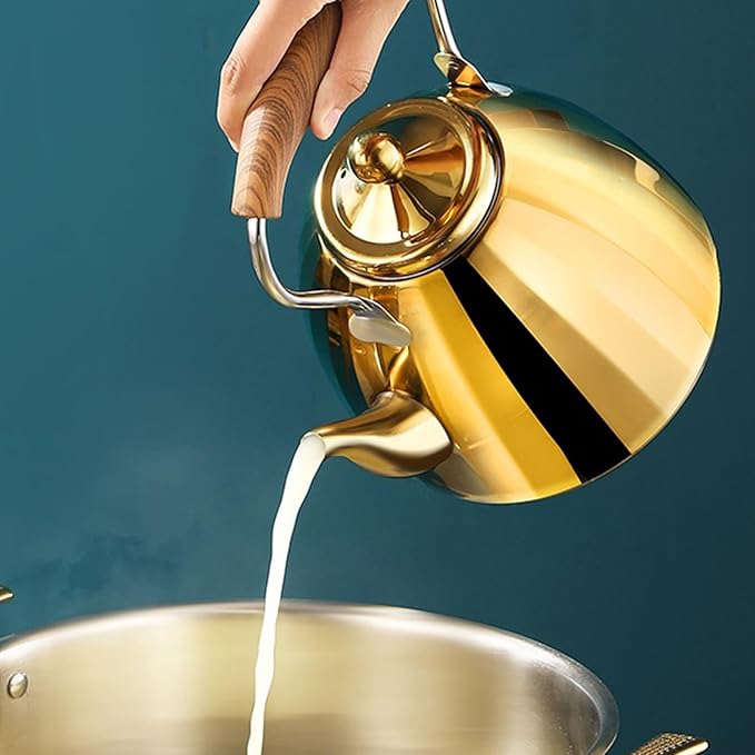 Gold Tea Kettle Stovetop with Infuser, 1.1-Quart Small Cute Tea Pot, 304 Stainless Steel Teapot with Ergonomic Wood Pattern Folding Handle for All Stovetops(1L)