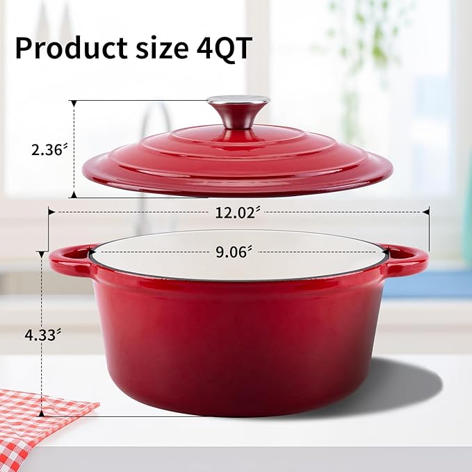WOKINS Enameled Cast Iron Dutch Oven Pot with Lid Heavy-Duty Cookware for Bread Baking,Braising,Stews,Roasting,Oven Safe up to 500°F,4QT,red