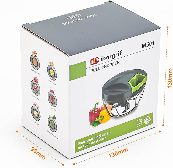 Ibergrif M501 Manual Onion Cutter, Multifunctional Onion Chopper, Multi Chopper with Lid, BPA-Free, Easy Pull Chopper Manual for Onions, Garlic, Nuts
