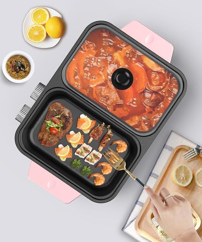 Hot Pot with Grill, 1500W Adjustable 2-in-1 Multifunctional Electric Oven, Suitable for 2-3 People, smokeless Barbecue hotpot, can be Fried or Fried (Pink)