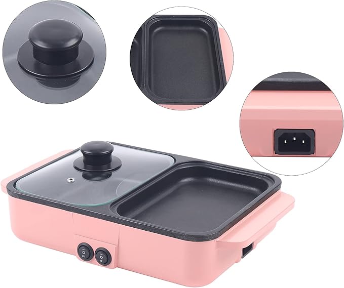 Electric Grill Hot Pot 2 in 1,Mini Electric Hot Pot BBQ Grill Kitchen Smokeless Shabu Cooking Pan 1200W,Multifunctional Grill Pan Indoor for Korean BBQ, Steaks, Shabu Shabu and Noodles (Pink)