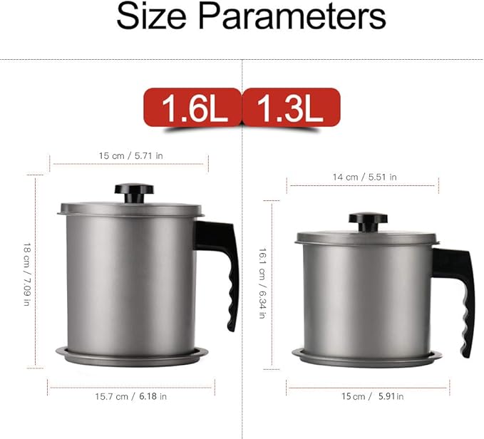 Ourokhome Bacon Grease Container with Strainer- 1.6 L or 6.7 Cup Iron Kitchen Oil Storage Can with Fine Mesh Strainer for Storing Hot Frying Oil, Fat (Gray)