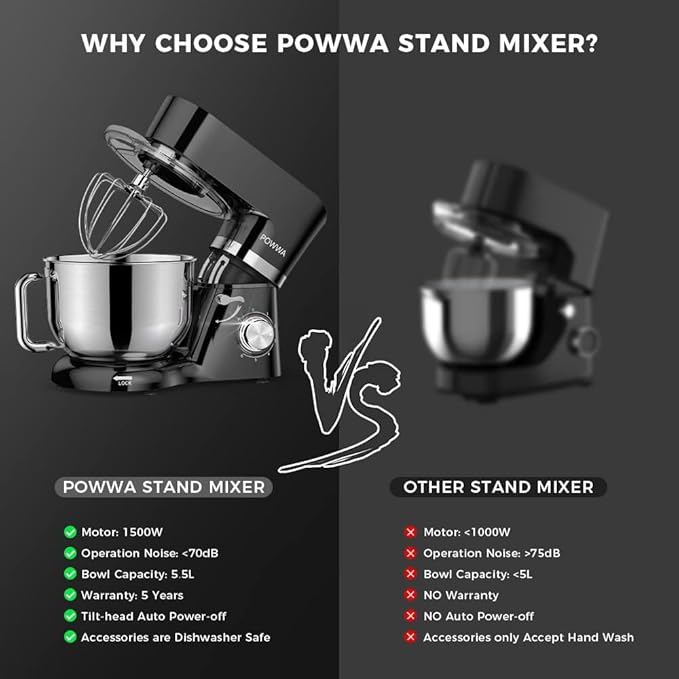POWWA 6.5 Quart Electric Mixer, 6+1 Speed 660W Tilt-Head Kitchen Food Mixers with Whisk, Dough Hook, Mixing Beater & Splash Guard for Baking, Cake, Cookie, Kneading, ETL Certified (Black)