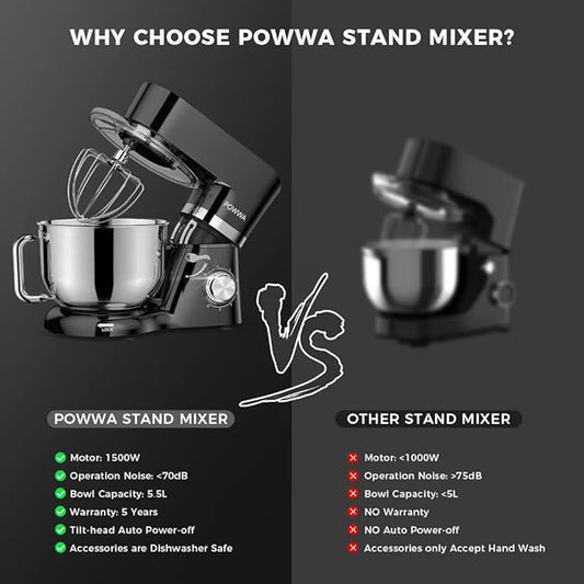 POWWA 6.5 Quart Electric Mixer, 6+1 Speed 660W Tilt-Head Kitchen Food Mixers with Whisk, Dough Hook, Mixing Beater & Splash Guard for Baking, Cake, Cookie, Kneading, ETL Certified (Black)