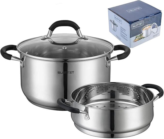 SLOTTET Stainless Steel 8 Quart Stock Pot with Steamer,8 Qt Deep Soup Pot for cooking,Multipurpose Stockpot with silicone Stay-cool Handle.