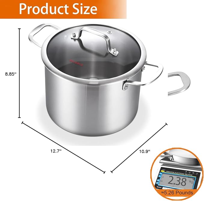DELARLO Tri-Ply Stainless Steel 8 Quart Stock Pot, Heavy-Duty, All Stove Compatible, Up to 600℉ Soup Pot with Lid, 18/10 Induction Big Stockpot with Lids, Large Stainless Steel Induction for Cooking