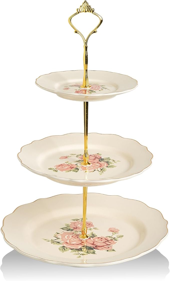 Sweejar 3 Tier Ceramic Cake Stand Wedding, Dessert Cupcake Stand for Tea Party Serving Platter(Rose)
