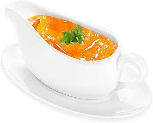 14 oz Gravy Boat with Tray, Ceramic Sauce Boat with Ergonomic Handle and Dripless Lip Spout for Salad Dressings, Creamer, Broth, Black Pepper, White