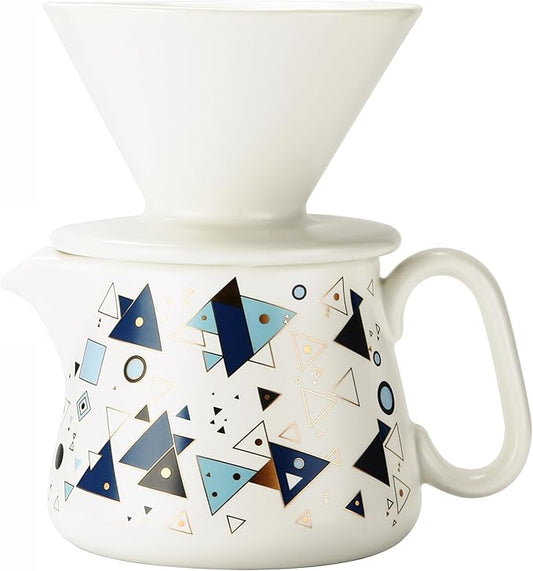 Polydremio Pour Over Coffee Maker, Ceramic Coffee dripper with 100 pcs V60 Paper Filter, Ceramic coffee Server with Lid, 15.5oz/450 ml, Suitable for 1-2 people (White A)