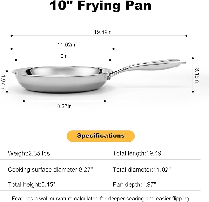 Ranbomer Stainless Steel Pan，Non-Toxic PFAS, PFOA & PTFE Free, Compatible With All Cooktops & Induction Safe, Oven Safe Pan for Searing & Sautéing, Long Lasting Cookware. (10 Inch)