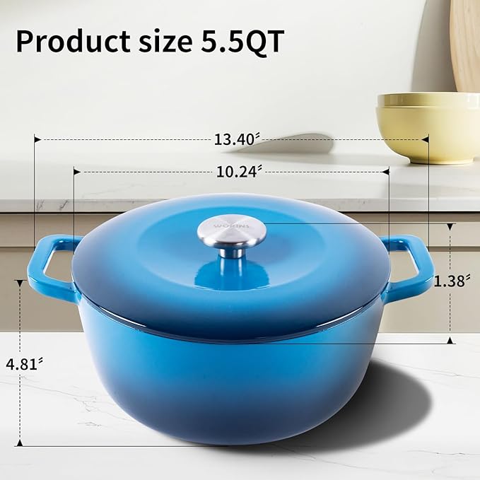 WOKINS Enamel Cast Iron Dutch Oven with Lid,Dual Handles,Heavy-Duty Cookware for Sourdough Bread Baking,Braising,Stews,Roasting,Oven Safe up to 500° F,5.5QT,blue