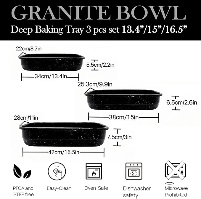 3-Pack Turkey Roasting Pans for Ovens Cake Roaster Pan Set Deep Lasagna Baking Pan,17/15/13Inch Spotted Enamel Steel Vessel Used for Dinners Cooking Safe Easy to Clean Bakeware Merry Christmas Gift
